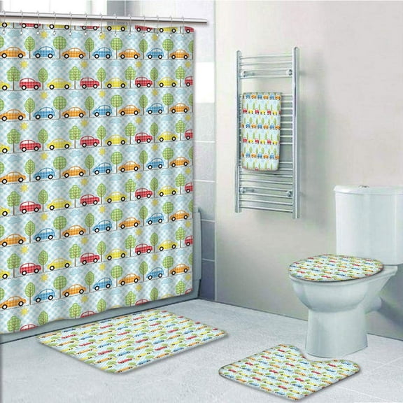 PRTAU Baby Checkered with Cars Trees Sun Open Sky Abstract Geometric Cartoon 5 Piece Bathroom Set Shower Curtain Bath Towel Bath Rug Contour Mat and Toilet Lid Cover