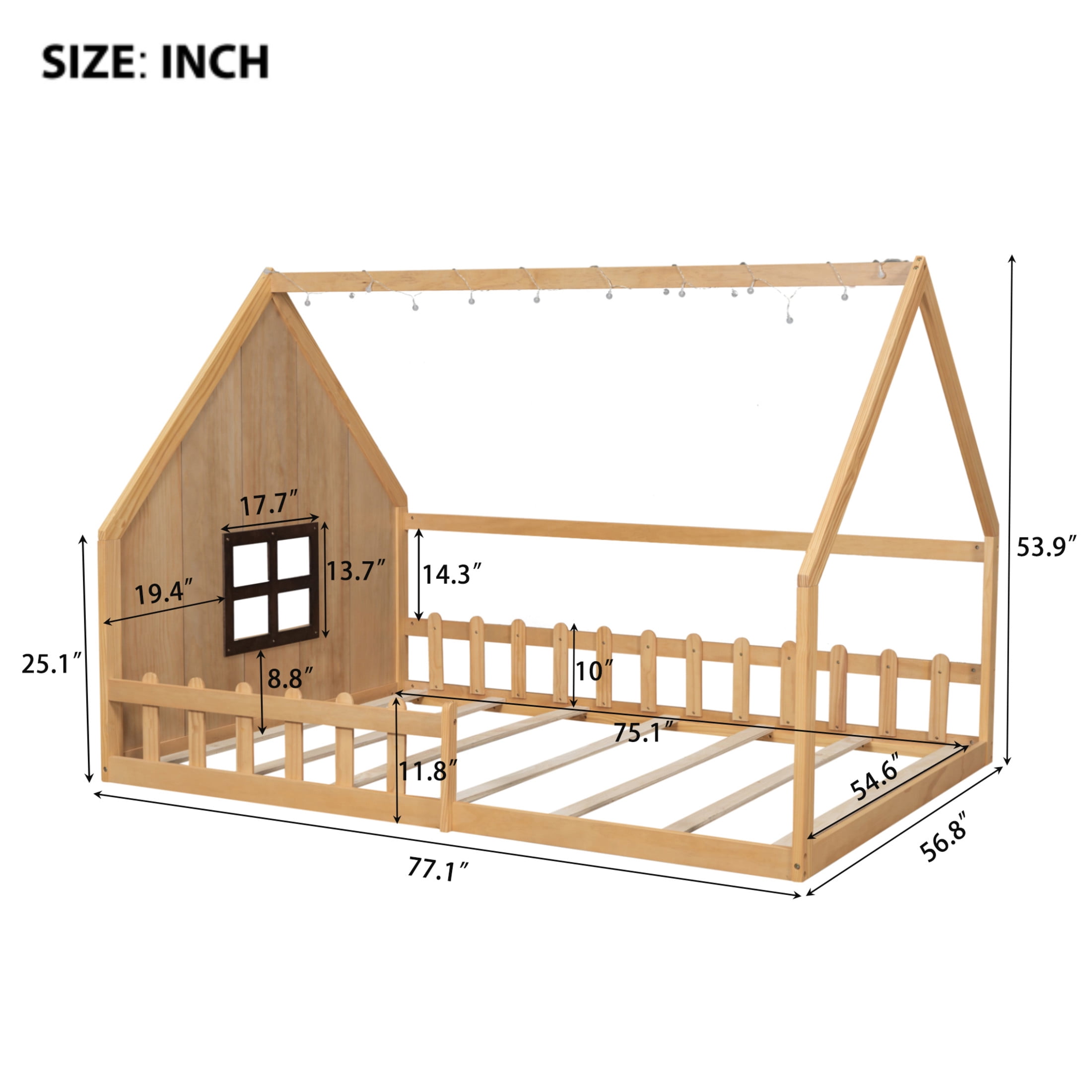 Noble House Full Size Wood House Bed with Window and Fence Guardrails, Safety Design for Kids, Natural