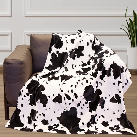 Manta SEEGU de forro polar negro con estampado de vaca, franela, 100 x 125 cm