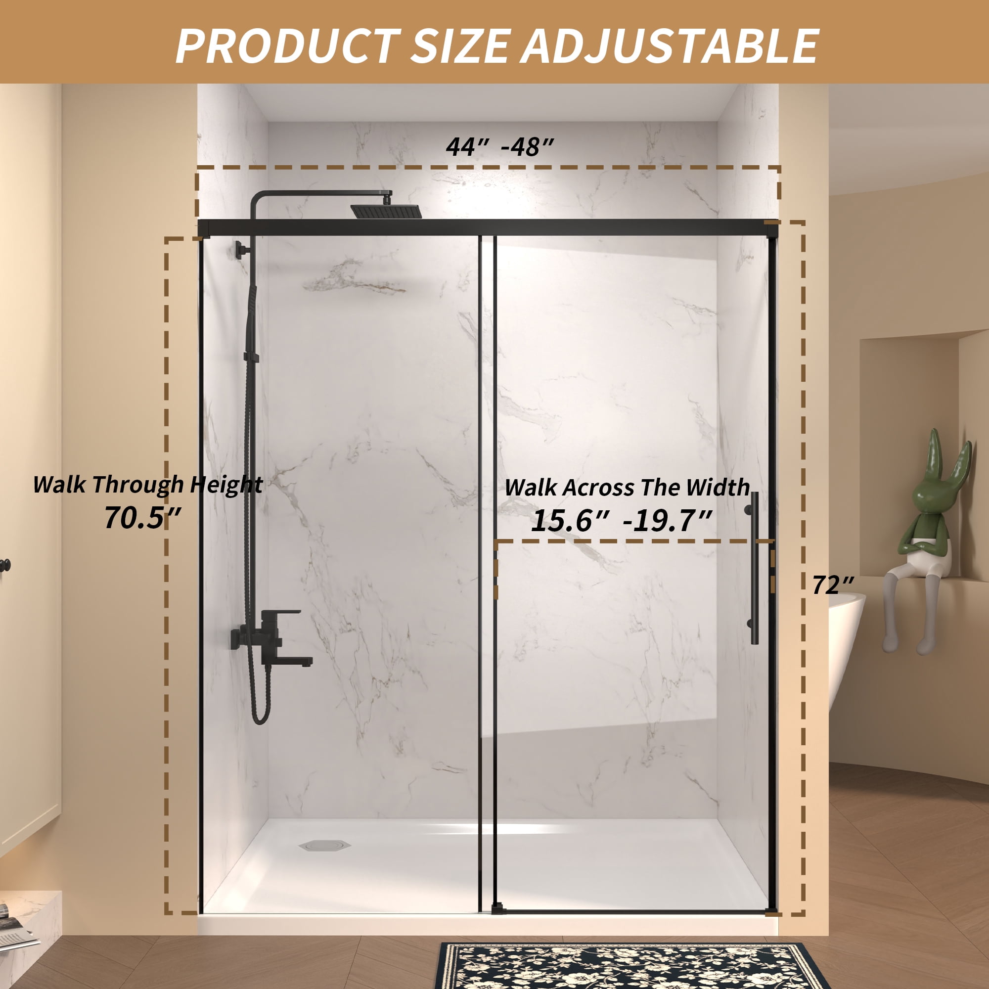 Leumius Single Sliding Shower Door,44"-48" W × 72" H Frameless Glass Shower Door with 1/4" Clear Tempered Glass & Stainless Steel Handle,Matte Black