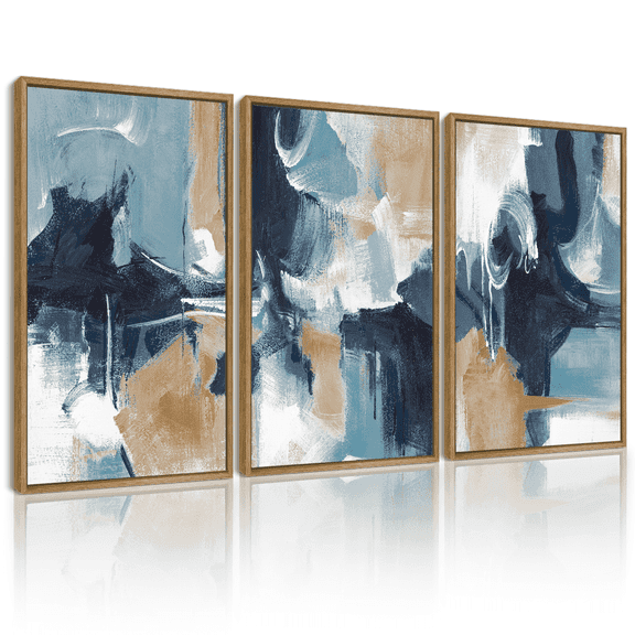 SHENIFY Abstract Wall Art 16x24in3pcs Natural Framed Blue Gray White Modern Minimalist Painting Decor Graffiti Artwork
