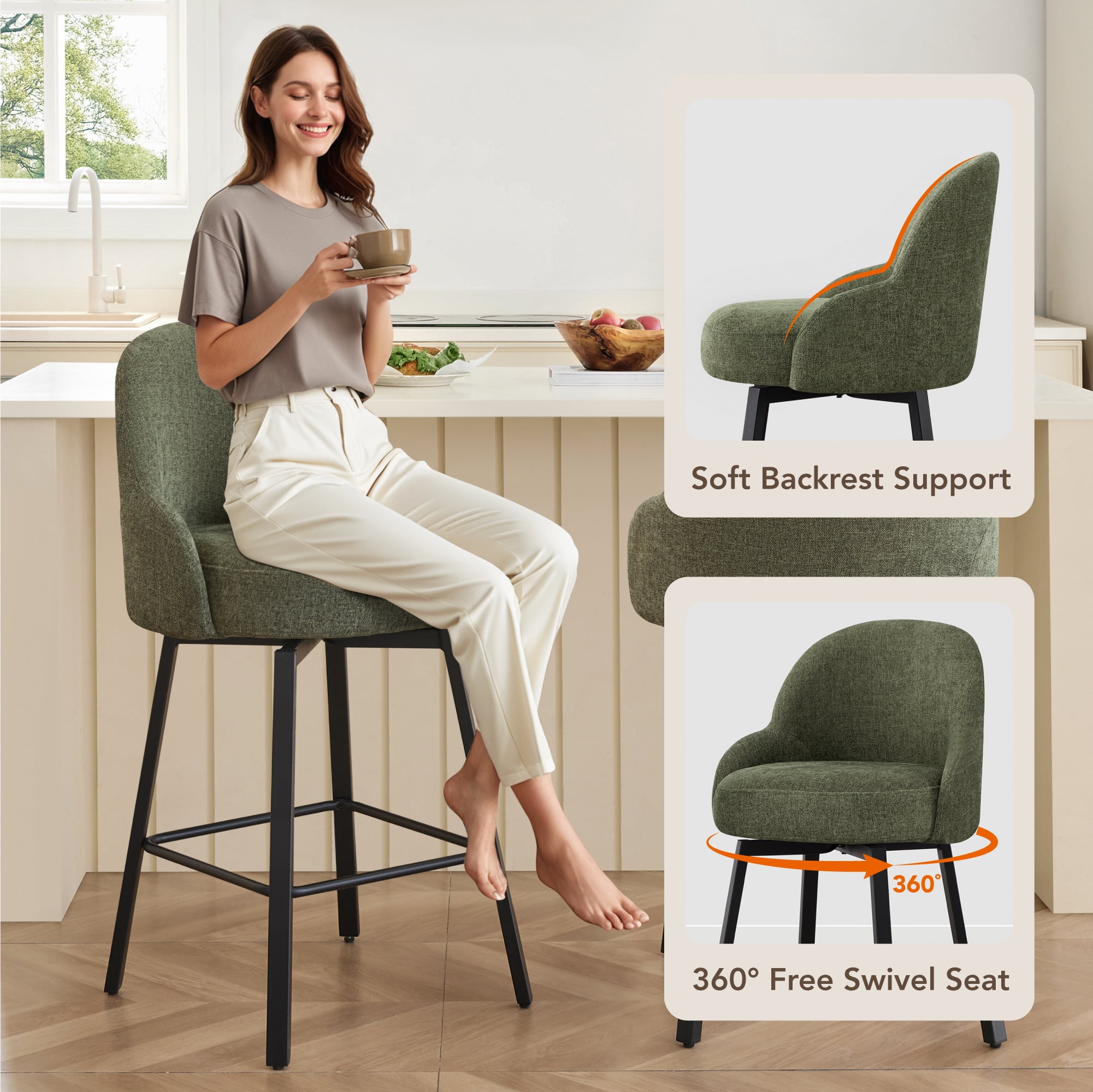 Spruce & Spring Counter Height Swivel Bar Stool with Upholstered Seat and Footrest Set of 2, Moss green