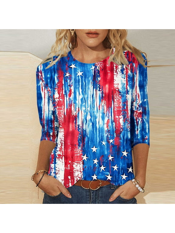 Baikeli Woman Clothes Clearance Sale Women's Independence Day Fashion Printed Round Neck 3/4 Sleeve T-Shirt Top 3/4 Sleeve Tops for Women