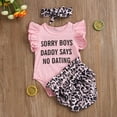 thumbnail image 2 of 3Pcs Personnalisé Bébé Tenue de Filles, Été Respirant Doux Style Rond Col Mouche Manches Lettre Romper + Short Imprimé Léopard + Ensemble de Coiffures Arc, 2 of 3