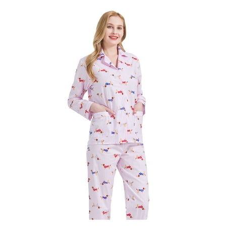 

GLOBAL Womens 100% Cotton Notch Collar Pajama Set with Pockets 2-Piece Sizes S to 3XL