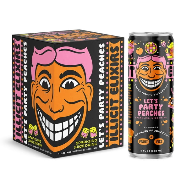Illicit Elixirs Let's Party Peaches - Sparkling Juice Drink - Supports Dopamine Production - 4 Pack - 12 Oz Cans