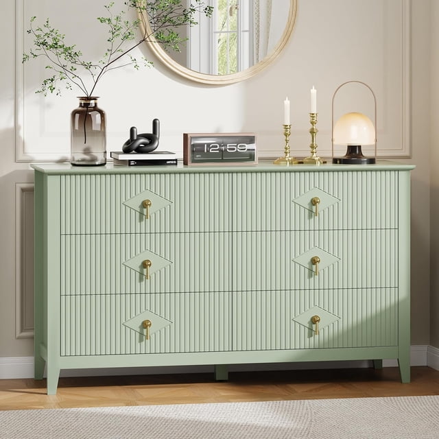 Bingirl Commode Cannelée 54 Pouces de Large Armoire Organisatrice de Rangement pour Salon Couloir Entrée Vert