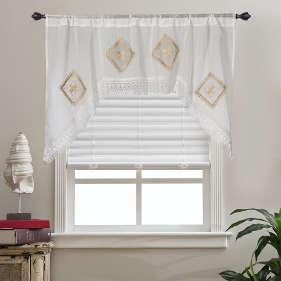 Violet Linen Emerald Sheer Embroidered Design, Window Valance, 60" x 15", Gold