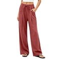 thumbnail image 3 of Women's Cotton Loose Casual Pants with Pockets, Mid Elastic Waist Drawstring, Solid Lightweight Soft Stretchy, Morning Lounge Beach Outdoor, Womens Trousers Long Straight Pants, 3 of 7
