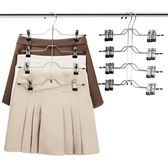 Skirt Pants Hangers Space Saving 4 Tier Metal Skirt Hanger with Adjustable Clips Pants Trouser Hangers Closet Organizer for Jeans, Slacks, Shorts - 1 Pack