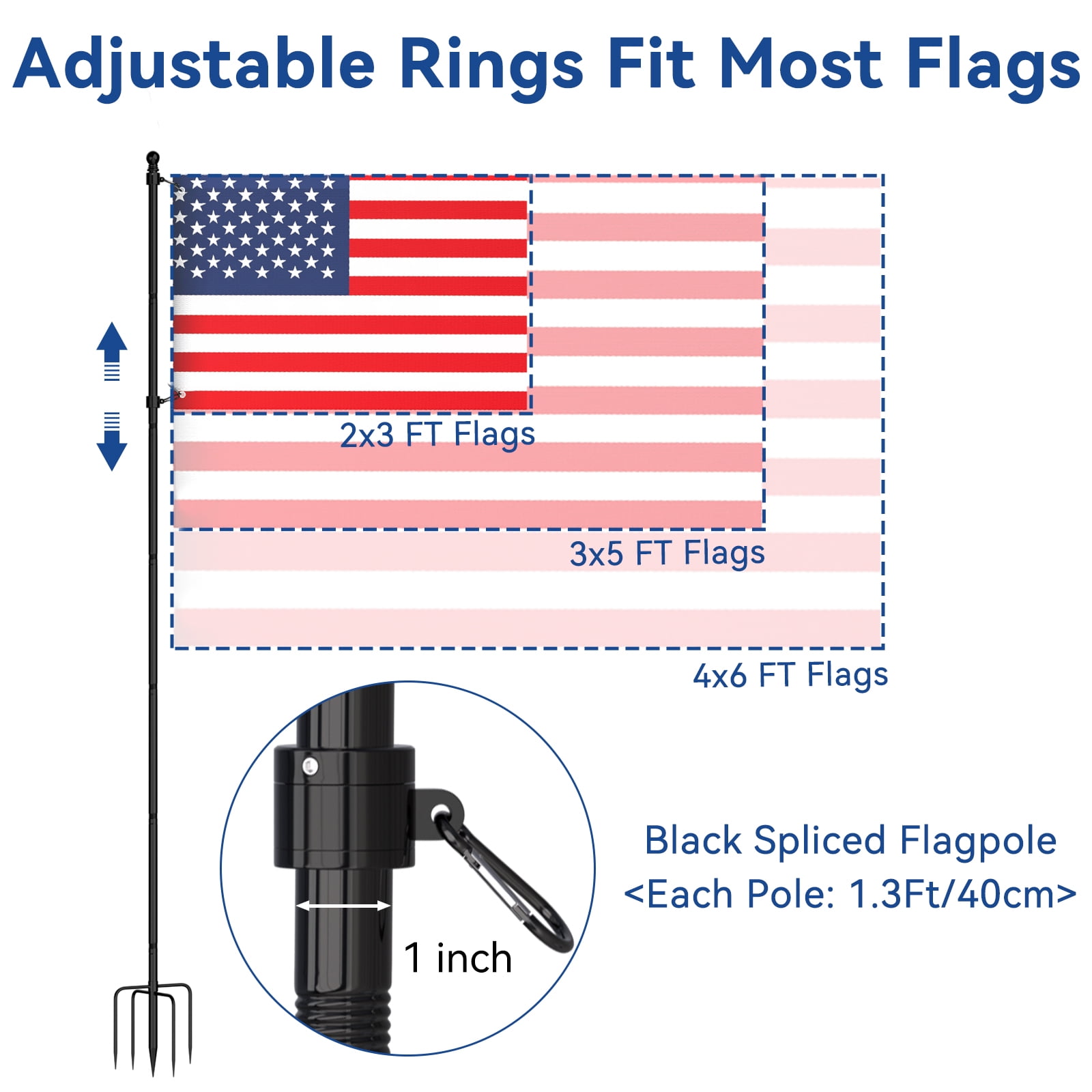FIASON 9 FT Black Stainless Steel Tangle-Free Flag Pole Kit, Heavy Duty In-Ground Flagpole with Solar Light & 5-Prong Base for Yard, Garden & Commercial Outdoor Use, No Flag Included
