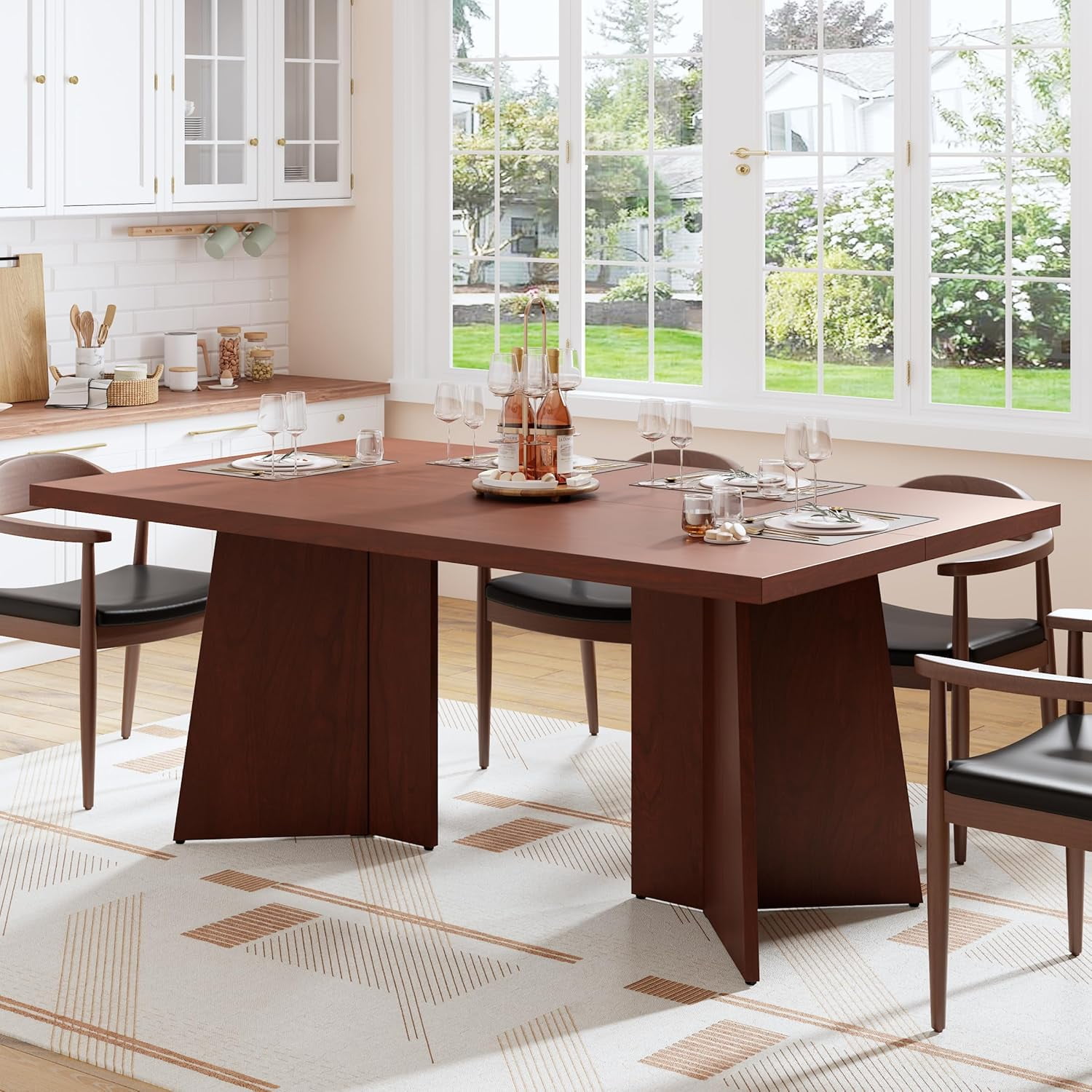 Dining Table for 6-8 People - 63" Modern Long Kitchen Table with Large Tabletop & Heavy Duty Pedestal Legs, Dinner Table for Kitchen, Conference Room, Home, Walnut