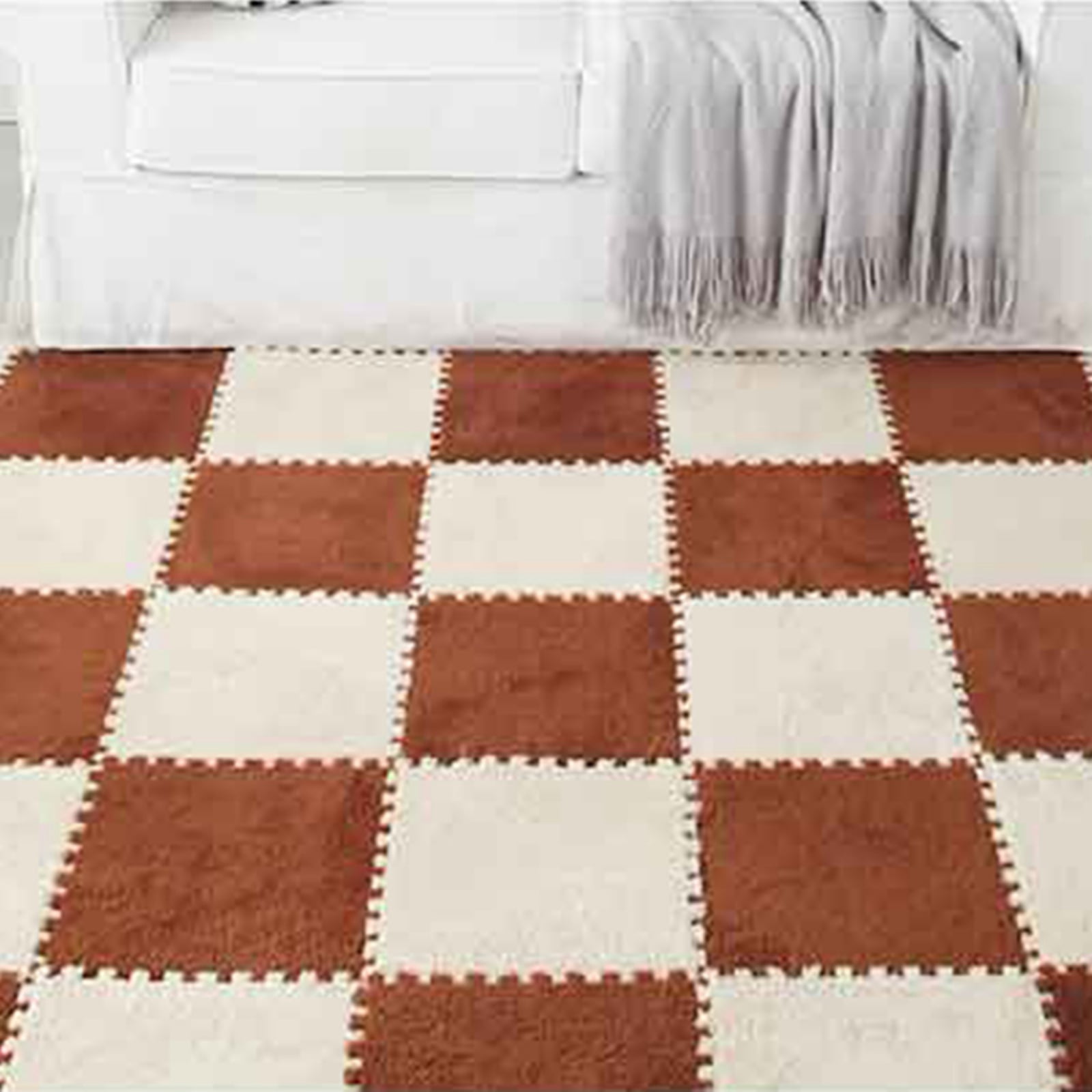 10PCS Plush Puzzle Foam Floor Mat for Kids- Thick Interlocking Fluffy Tiles with Border,Square Rug Split Joint Soft Climbing Carpet Mats Shaggy Area Rug for Room Floor-11.8 Inch