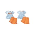 thumbnail image 2 of RUINIXCW Toddler Baby Girl Halloween Outfit Infant Baby Girls Summer Fall Clothes Pumpkin Embroidery Short Sleeve Doll Collar Striped Babydoll Shirt Tops and Shorts Set, 2 of 8