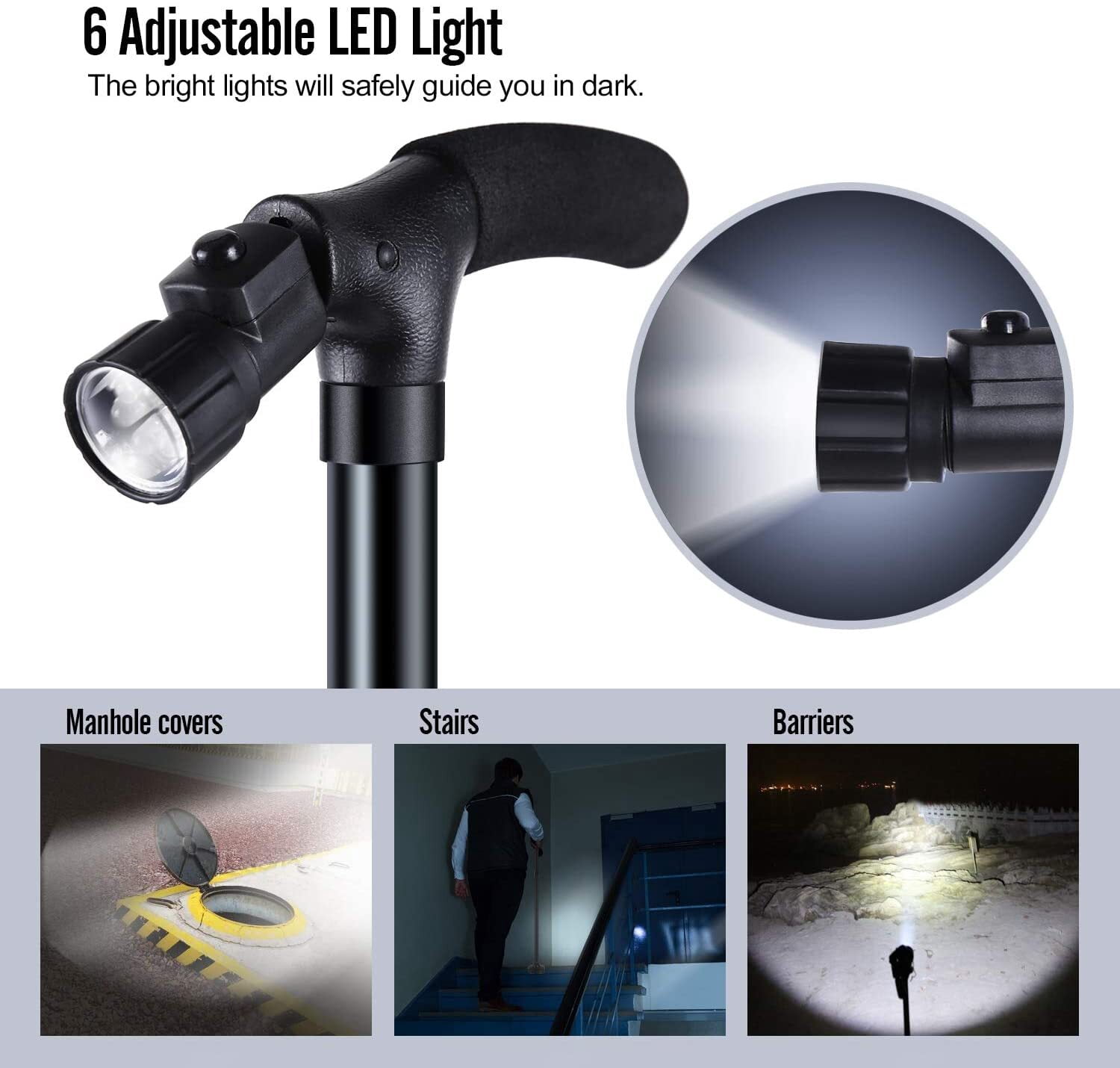 2 Pack Folding Walking Cane with 6 LED Lights, 5-Level Adjustable Height, 360° Anti-Slip Pivoting Base, Lightweight Aluminum T-Handle Walking Stick for Elderly
