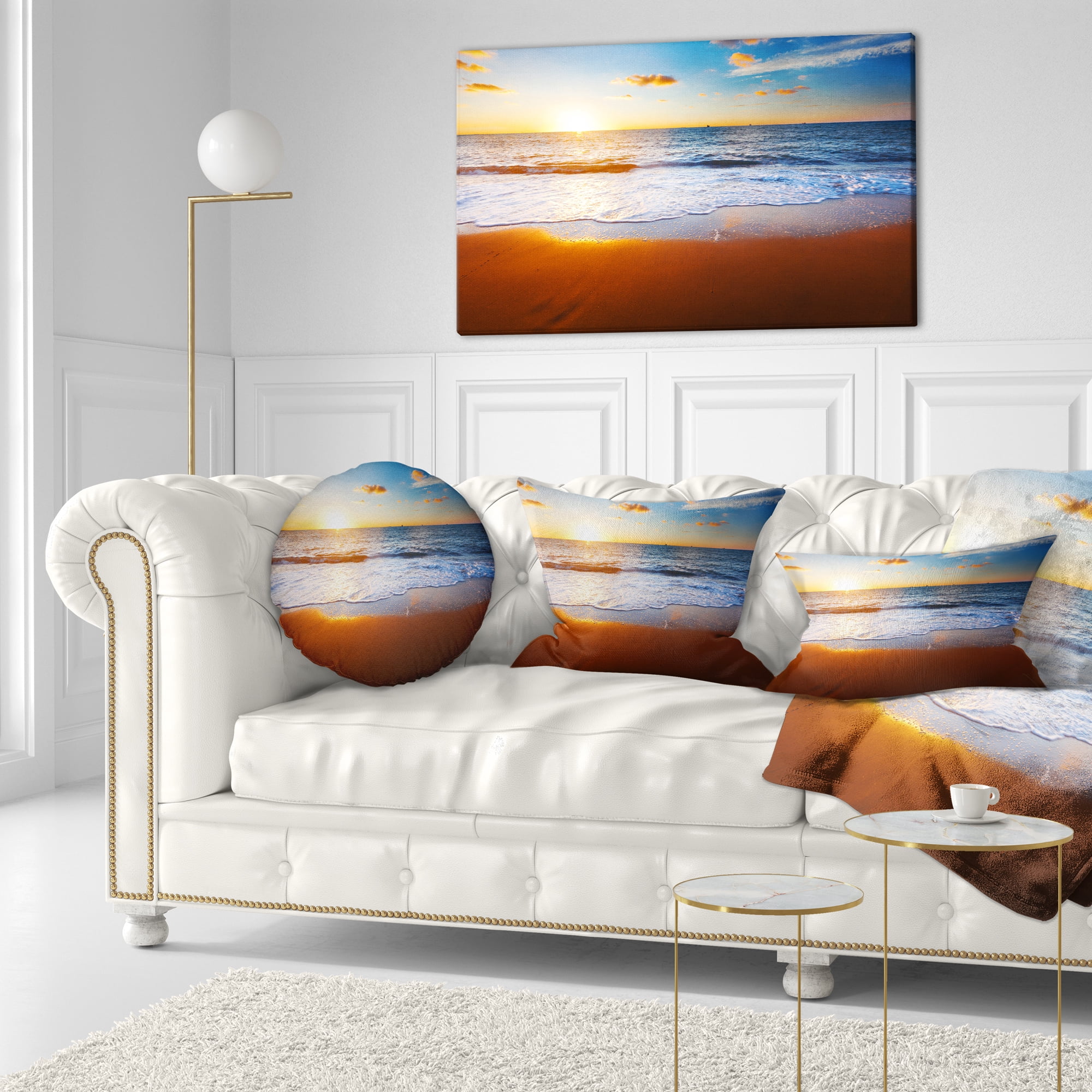 Designart Blue Sea and Sky with Sandy Beach - Seashore Throw Pillow - 12x20