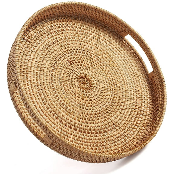DanceeMangoo Round Rattan Serving Tray Decorative Woven Ottoman Trays with Handles for Coffee Table White (Small 11.8 inch x 2.4 inch)