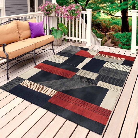 Red Black Beige Outdoor Rug for Patio/Deck/Porch, Non-Slip Large Area Rug 4 x 6 Ft, Retro Abstract Geometric Striped Art Indoor Outdoor Rugs Washable Area Rugs, Reversible Camping Rug Carpet Runner