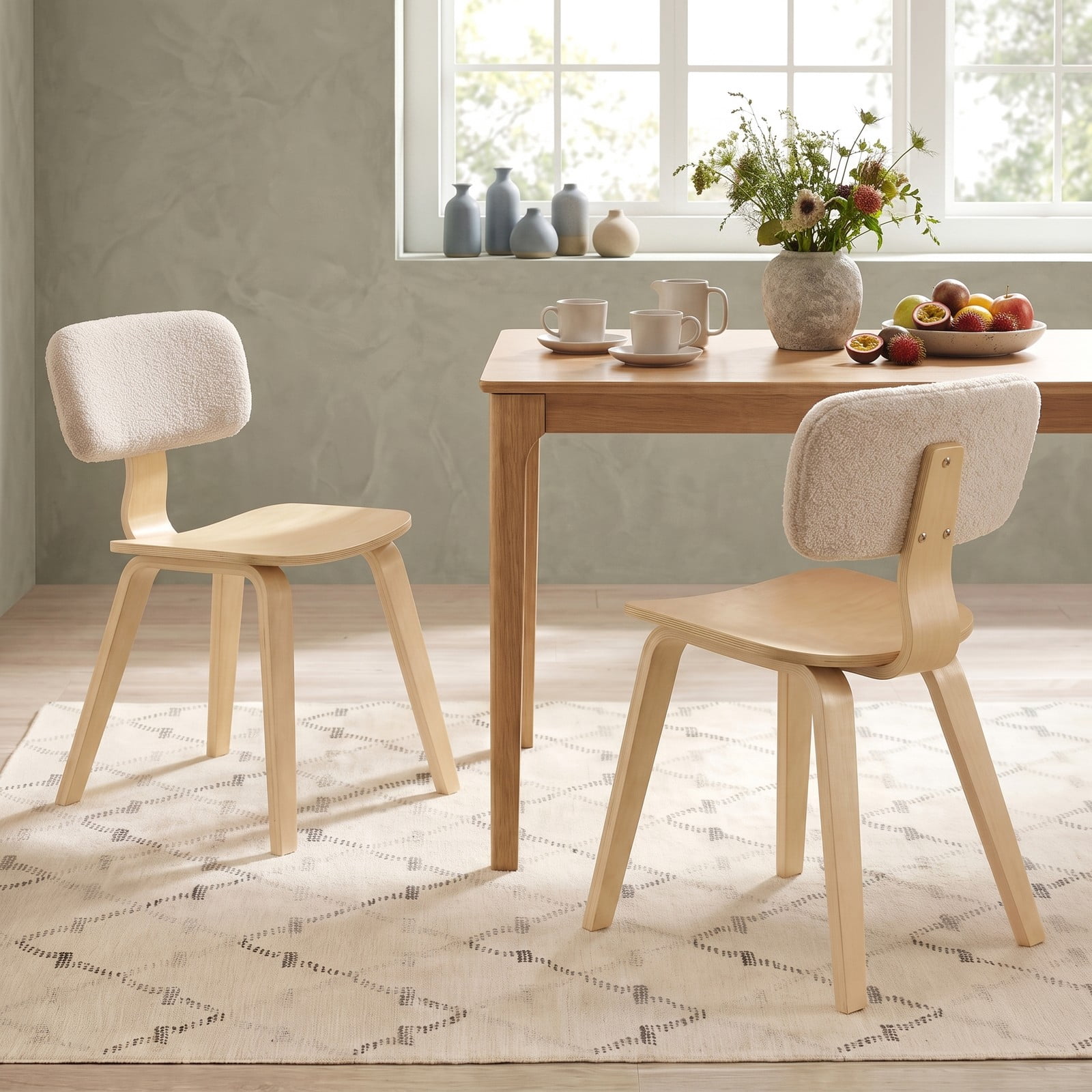 Furnibear Set of 2 Rubber Wood Dining Chairs with Teddy Velvet Padded Backrest, Upholstered Kitchen Side Chairs with Curved Back and Contoured Seat for Home, Natural