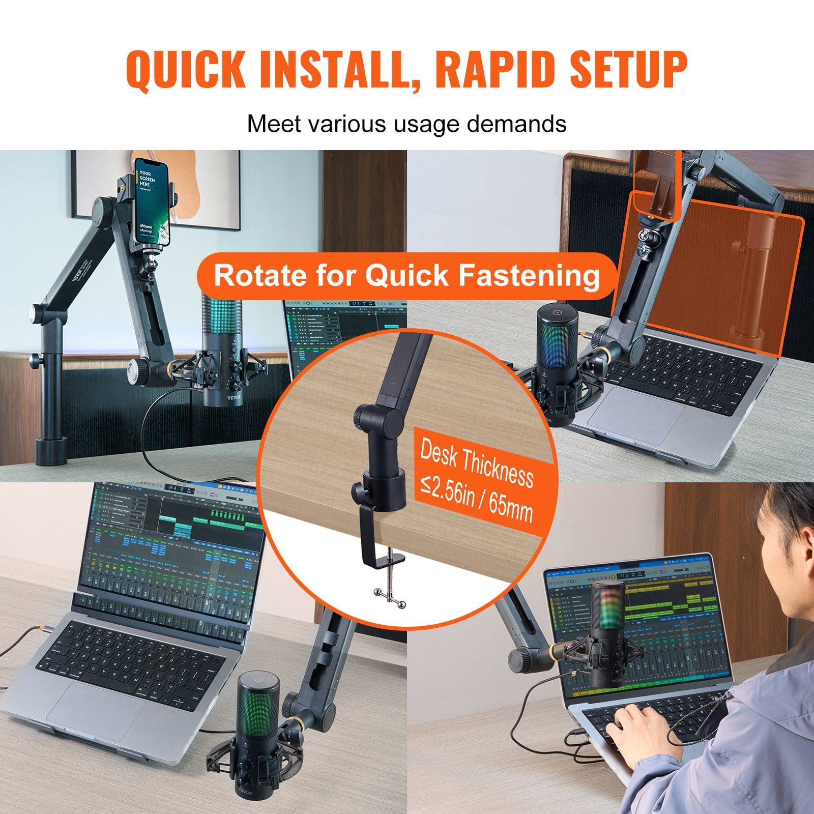 Heavy Duty Mic Boom Arm with Desk Mount, 360° Swivel for HyperX QuadCast, Audio Technica, Blue Snowball, Includes Adapter & Hook