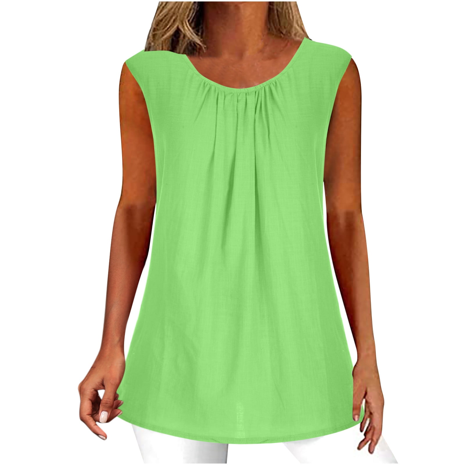Timegard Tank Tops for Women Round Neck Ruched Lightweight Summer Beach Casual Tunic Tops Sleeveless