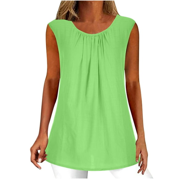 lcziwo Women Summer Cotton Linen Tshirt Tops Trendy Vintage Casual Loose Fit Tunic Tee Lady Sleeveless Plus Size Crewneck Blouse,Green,L
