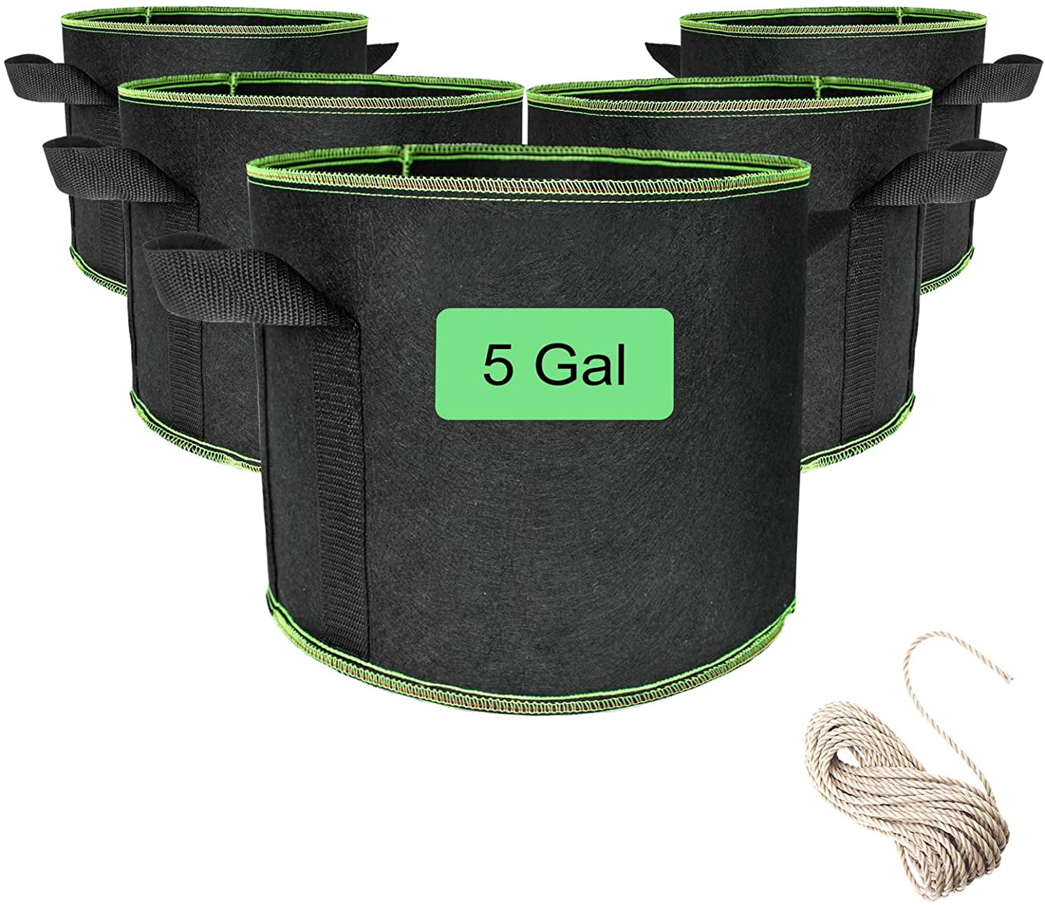 SUNSHINE FARMRE 5-Pack 5 Gallon Grow Bags Heavy Duty Thickened Nonwoven Fabric Pots with Handles and Water Absorbing Ropes 