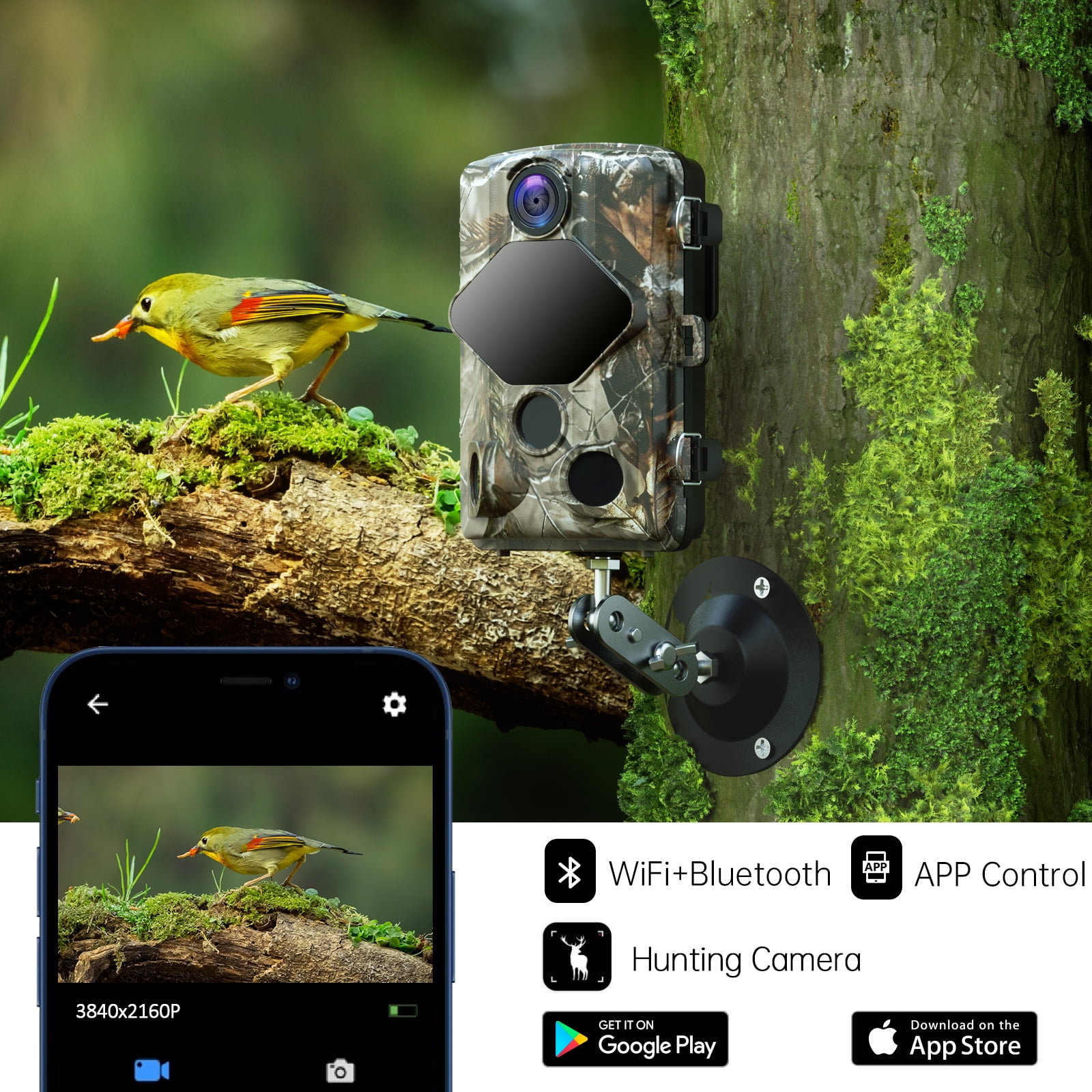 CAMPARK WiFi Bluetooth Trail Camera 30MP 4K Deer Game Camera Night Vision Motion Activated 3 PIR LEDs 120°Wide Lens Hunting Wildlife Camera Waterproof IP66 Hunting Trail Monitors