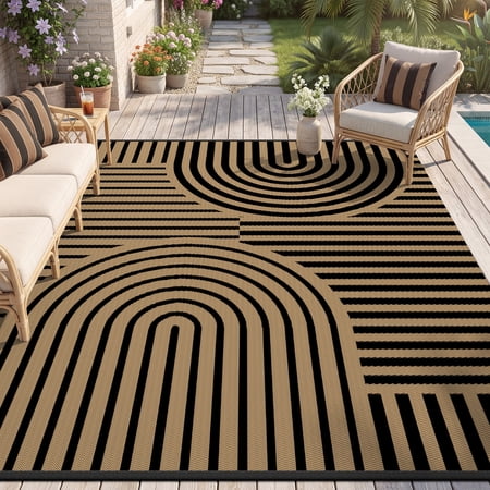 VUNATE Outdoor Rug Carpet 9 x12 Waterproof Reversible Patio Rug Portable Boho Indoor Outdoor Rug Plastic Straw Rug for Beach RV Camping Garden Picnic Deck Backyard Modern Porch Decor Black and Brown