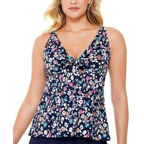 Swim Solutions VINTAGE DITSY NAVY Daisy Printed V-Neck Bow Tankini Top, US 8