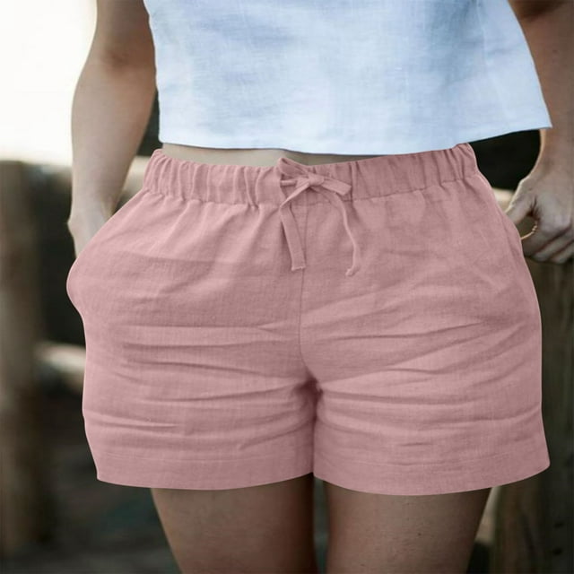 Soki Womens Shorts Summer Comfy Cotton Linen Elastic Waist Drawstring Casual Shorts with Pockets