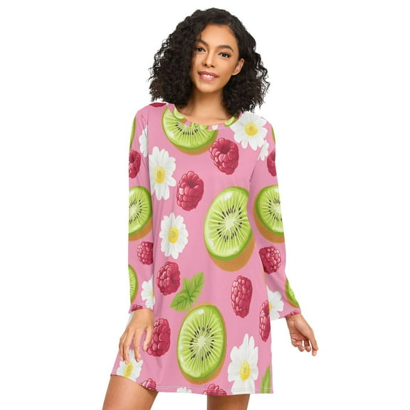 FORMRS Womens Long Sleeve Nightgowns Crew Neck Sleep Shirt Soft Pajamas Sizes S-3XL, Floral Raspberries