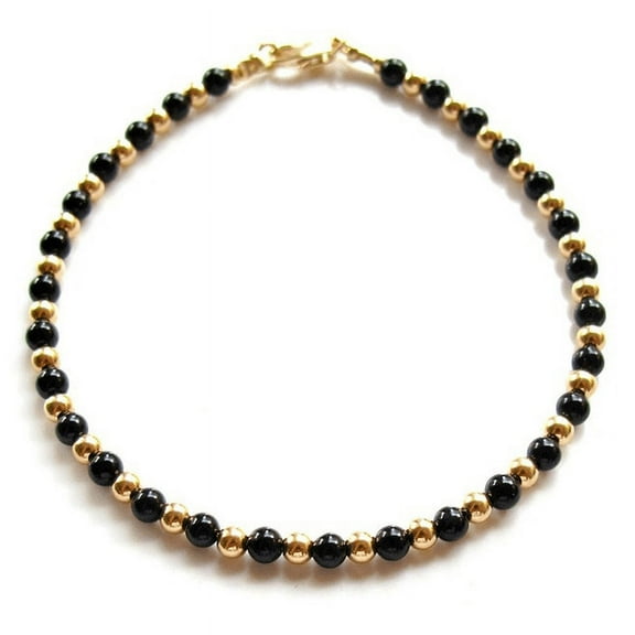Black Onyx 3mm Round Shape Smooth Cut Beads 7 inch Gold Plated Clasp Bracelet for men, women, unisex. Link Chain Stacking Bracelet.|LINK_01076