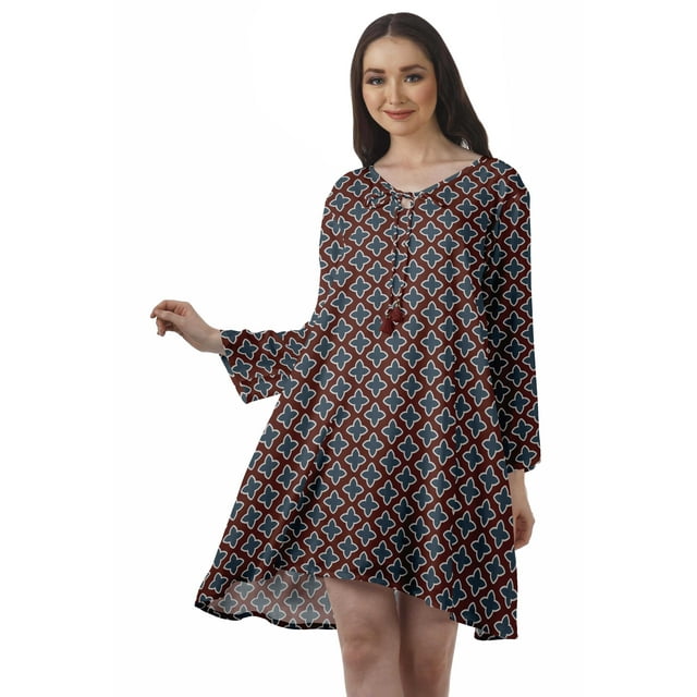 Moomaya Robe Évasée en Rayonne pour Femmes Manches Longues Imprimée Col en V Décontractée Robe de Plage pour Filles