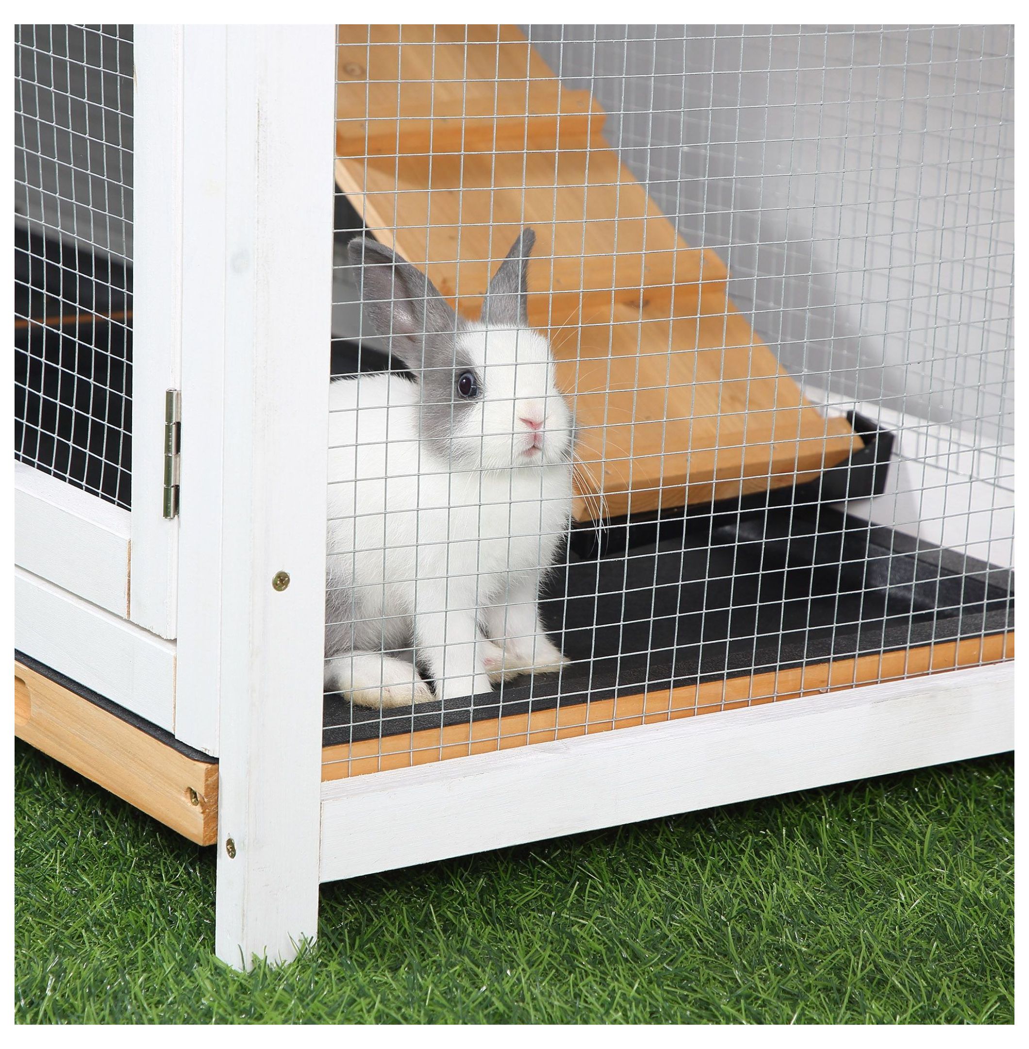 Outdoor Rabbit Hutch 2-Story Wooden Bunny Cage with Ramp Weatherproof Roof Yellow