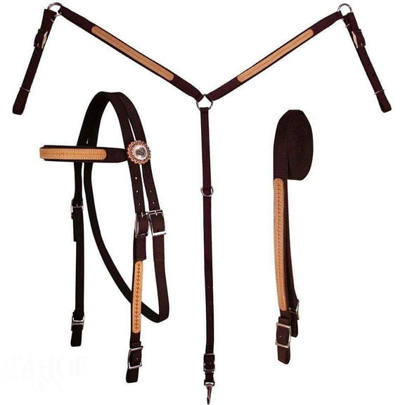 Tahoe Tack Basket Weave Leather Overlay Nylon Headstall, Breast Collar, and Reins Set