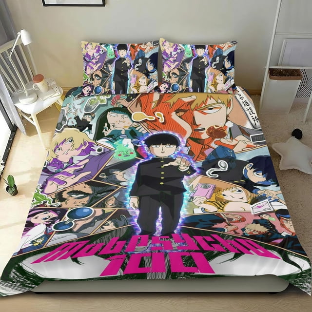 Mob Psycho Conjunto de sábanas temático, trío de piezas, cómodo y amigable con la piel, diseño único, regalo de decoración para el hogar para familiares, amigos y fans, 90 cm * 190 cm