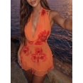 thumbnail image 2 of Multicolor Burnt Orange Floral Mesh Chiffon Deep V Halter Mini Dress With Ruffle Hem, 2 of 8
