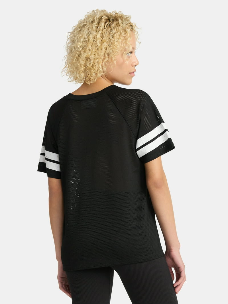 No Boundaries Women's Graphic Mesh Football Tee, V-Neck