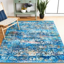 SAFAVIEH Bahia Linda Oriental Polyester Machine Washable Area Rug, Blue/Gold, 6'7" x 9'