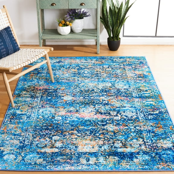 SAFAVIEH Bahia Linda Oriental Polyester Machine Washable Area Rug, Blue/Gold, 6'7" x 9'
