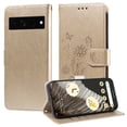 thumbnail image 2 of Compatible with Google Pixel 7 Pro Wallet Case with Card Holder & Cash Slot [RFID Blocking],Wallet Wristlet Pressed Butterfly Flower PU Leather Magnetic Flip Folio Cover for Women Men,Gold, 2 of 11