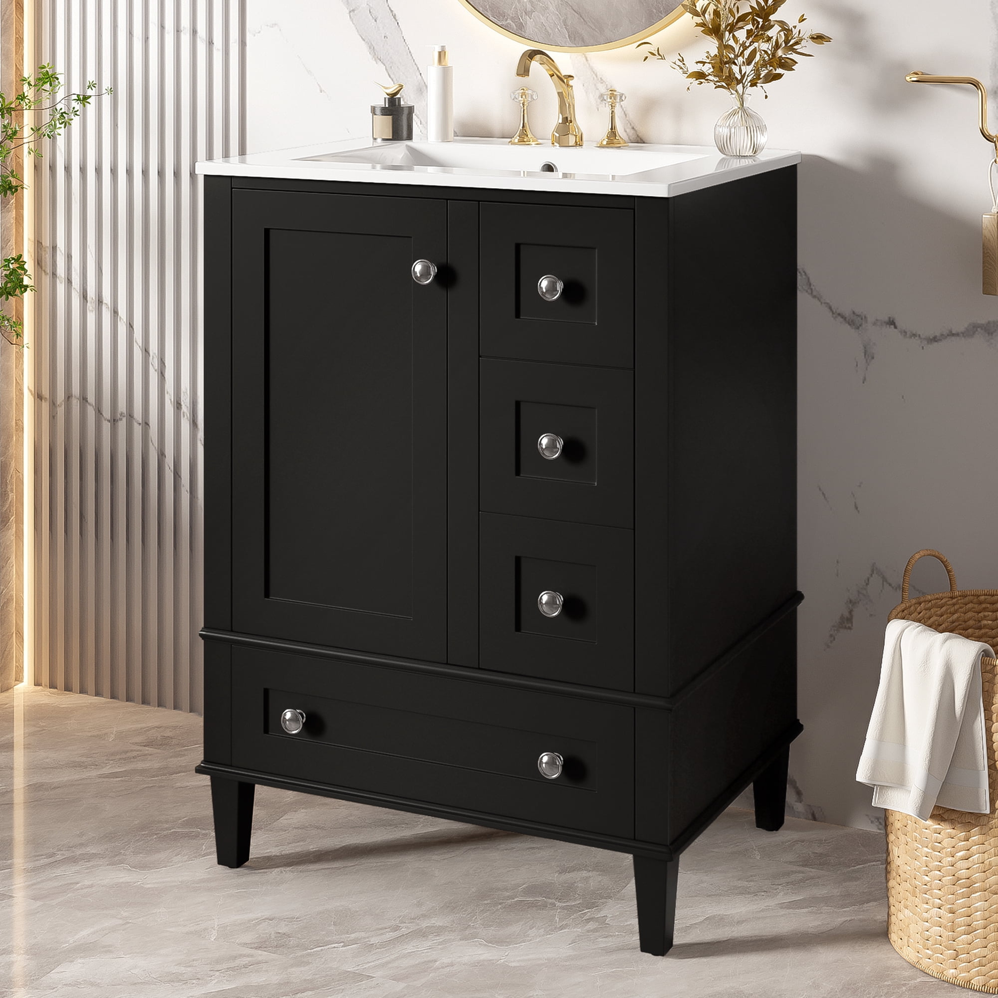 Euroco 24-inch black bathroom vanity with an integrated ceramic basin, featuring a door-mounted double-layer shelf, soft-close drawers, and a soft-close cabinet door.