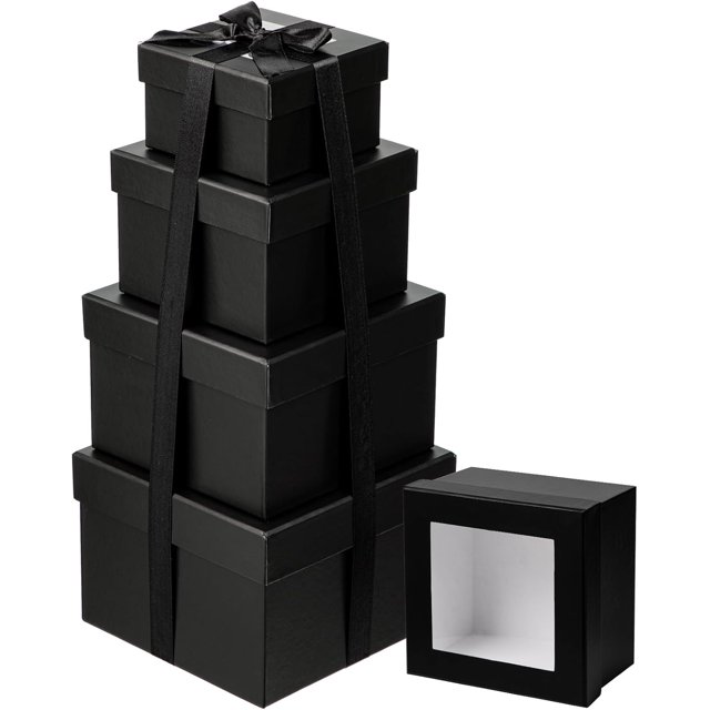Square Gift Boxes with Lids for Presents Small Black Gift Boxes with Clear Window Nesting Boxes Set of 4 Flower Box for Arrangements, Mother's Day