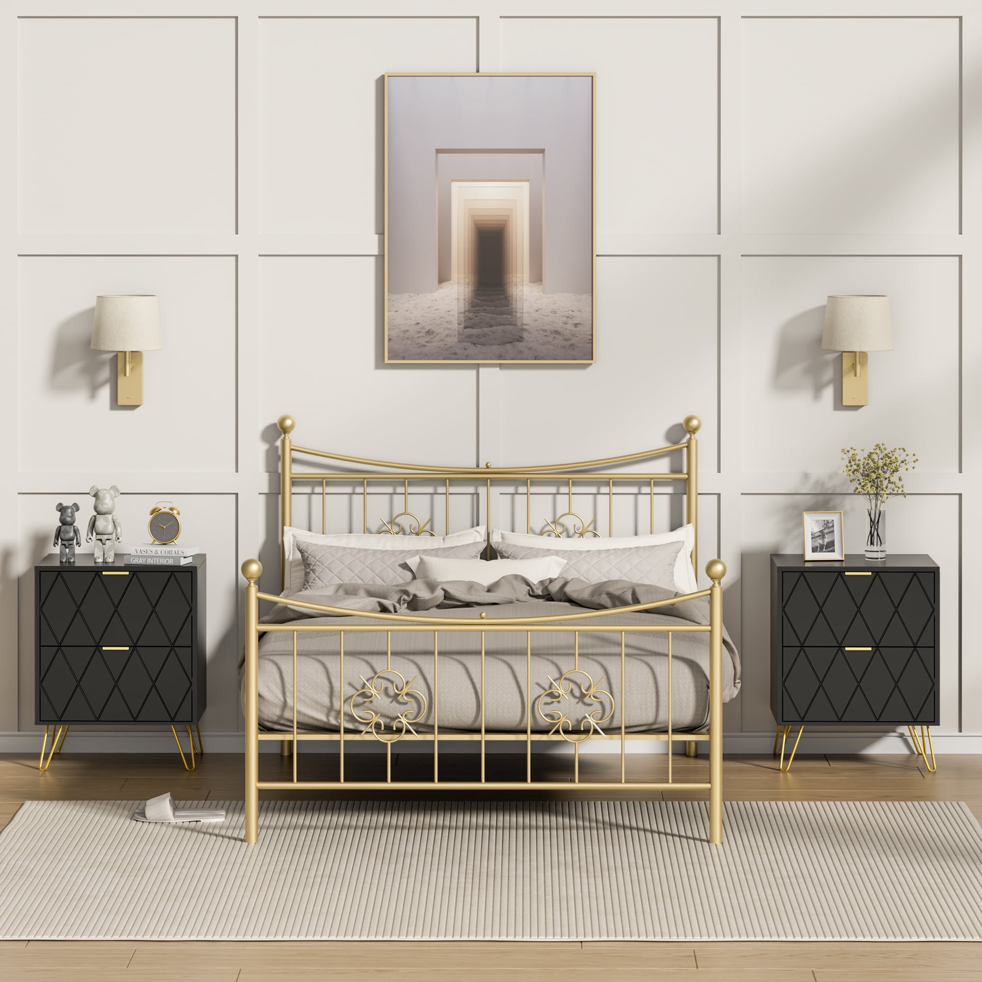 eclife Set of 2 Black Nightstand with 2 Drawers, Modern Bedside Table with Gold Handles for Bedroom or Living Room