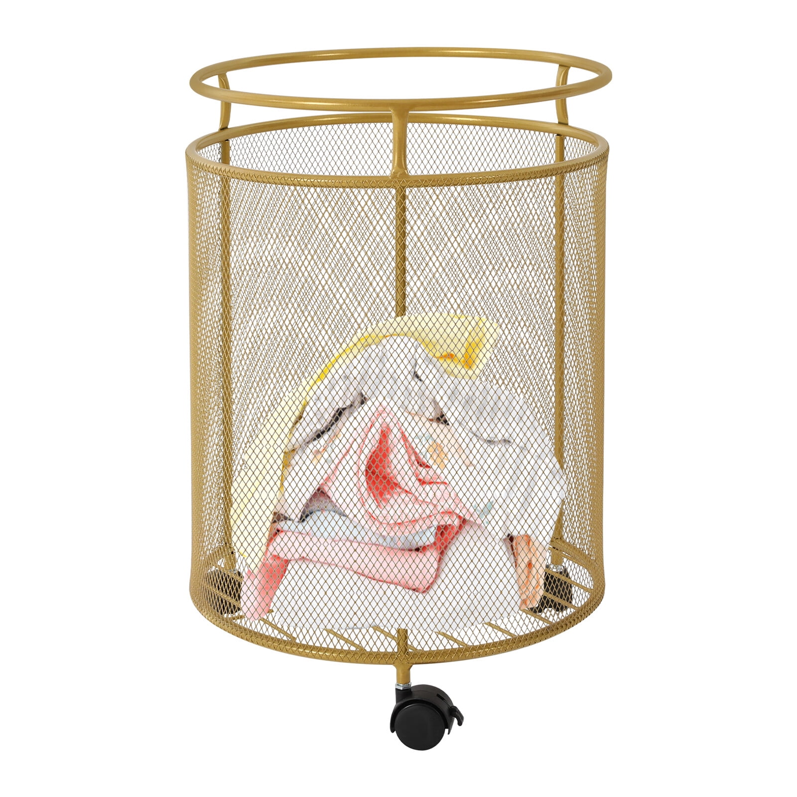 Rolling Laundry Hamper Round Metal Laundry Basket Cart with 4 Wheels Household