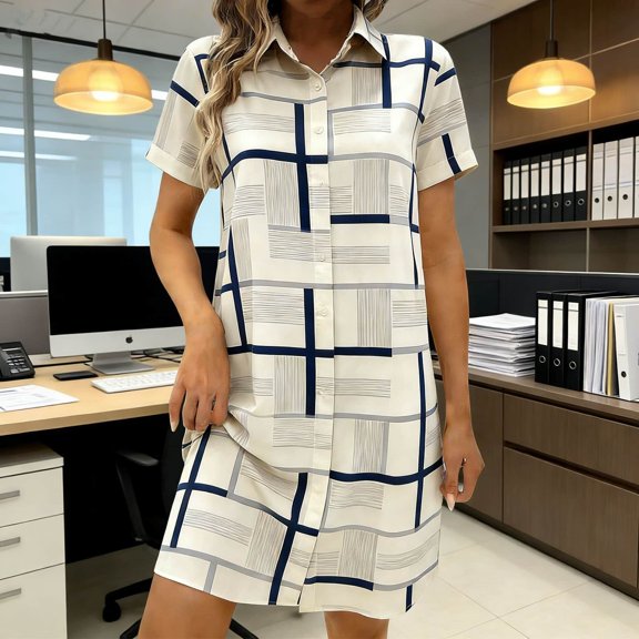 Women's Plus Size Linen Blend Short Sleeve Dresses Solid Color Loose Shirt Collar Casual Dress