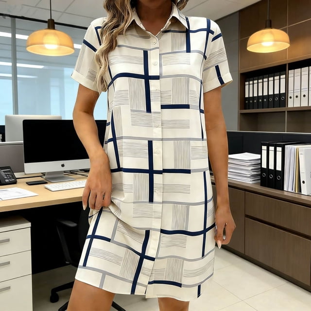TaTaai Women's Printed Shirt Dress Short Sleeve Lapel Collar Linen Feel Casual Loose Fit Midi Dress Stretchy Summer Wear Gift