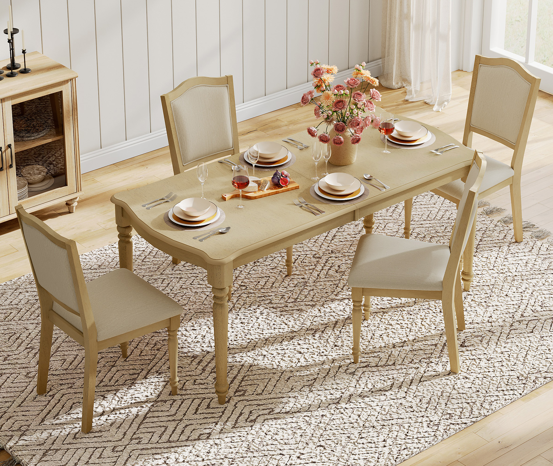 Set of 4 Dining Chairs with Upholstered Back & Seat, Farmhouse Kitchen Chair with Solid Wood Legs for Dining Room, Oak
