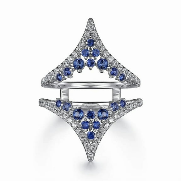 Royal Blue Sapphire Chevron Crown Ring Guard Enhancer in 925 Sterling Silver – Double Band Ring Jacket with White CZ – September Birthstone Jewelry for Women
